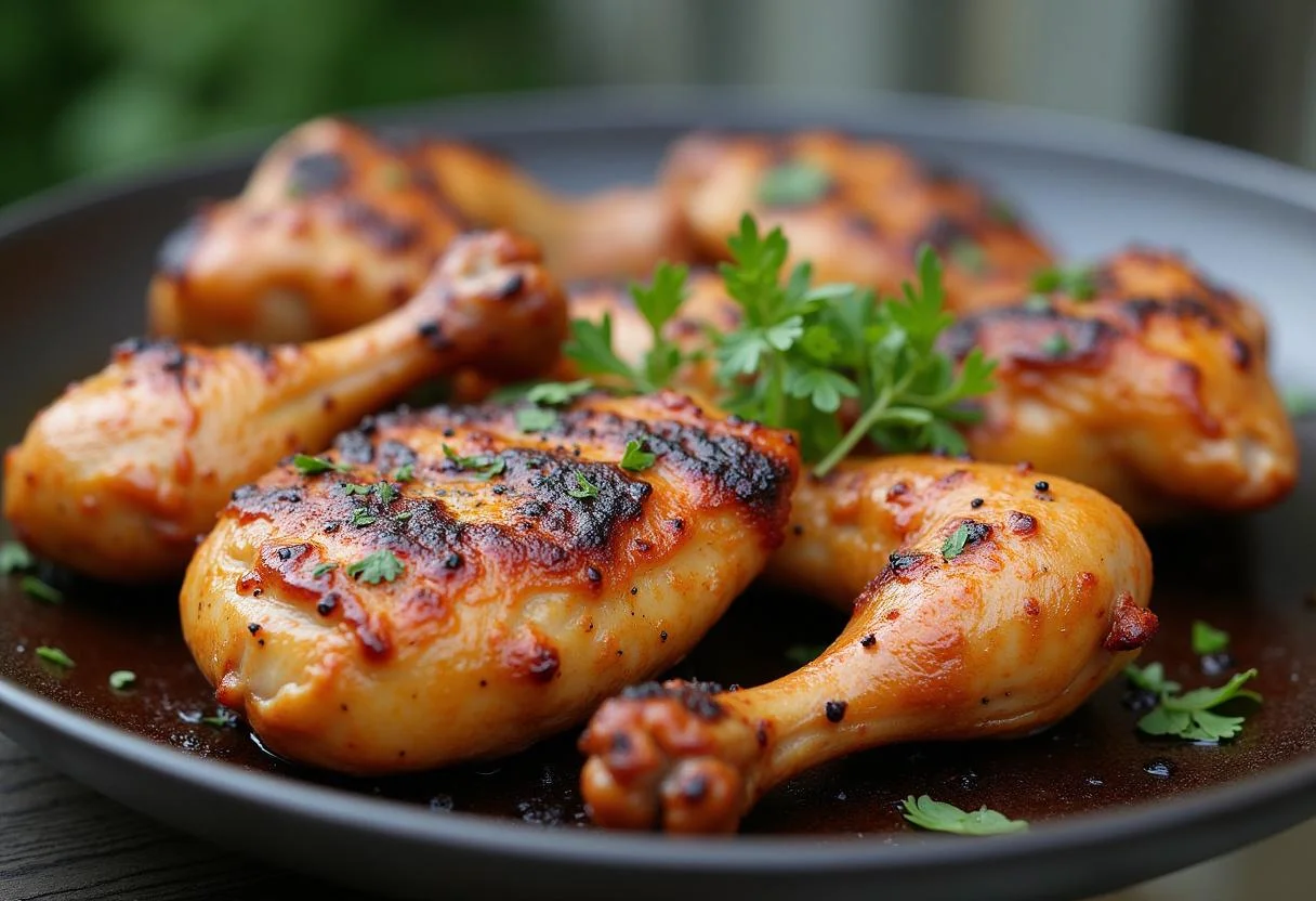 Fertiges Grillhähnchen mariniert in der würzigen Marinade, ideal für Grillfeiern.