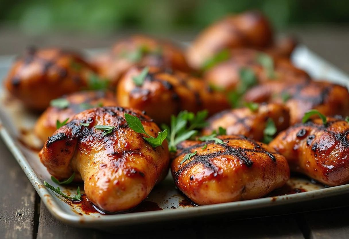 Fertiges Grillhähnchen mariniert in der würzigen Marinade, ideal für Grillfeiern.