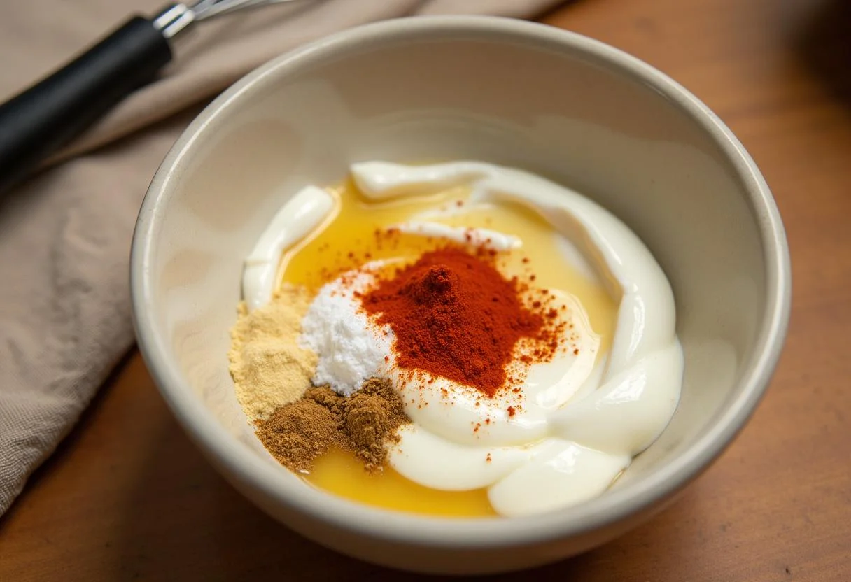 Zutaten für die Marinade für Hähnchen zum Grillen: Joghurt, Honig und Gewürze in einer Schüssel.