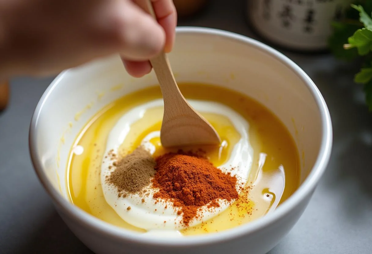 Mischen der Joghurt-Honig-Marinade für Hähnchen zum Grillen in einer Schüssel.