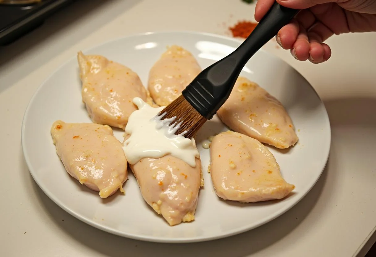 Hähnchenteile, die mit einer würzigen Marinade für Grillen überzogen werden.