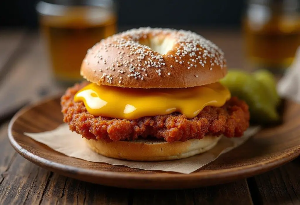 Fertiges würziges Leberkäsbrötchen mit Senfexplosion und Beilage saurer Gurken.