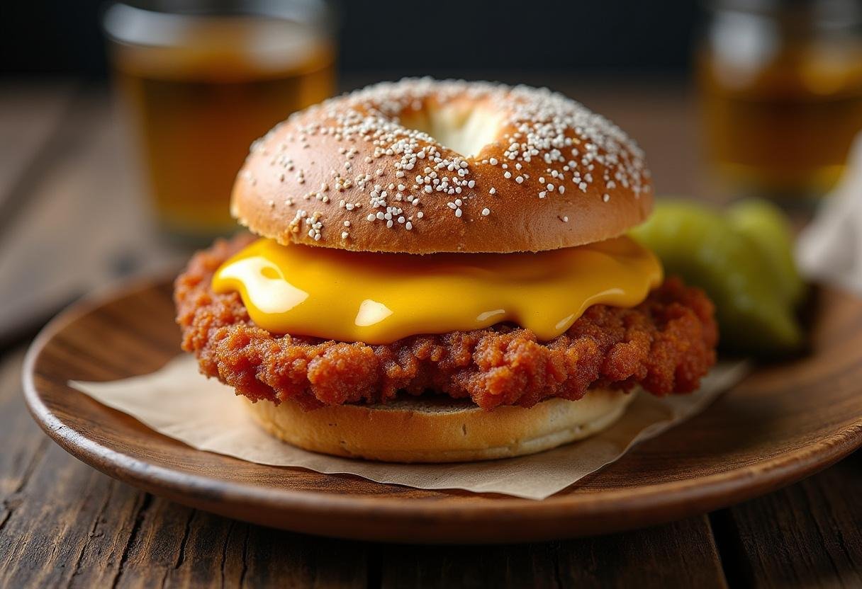 Fertiges würziges Leberkäsbrötchen mit Senfexplosion und Beilage saurer Gurken.
