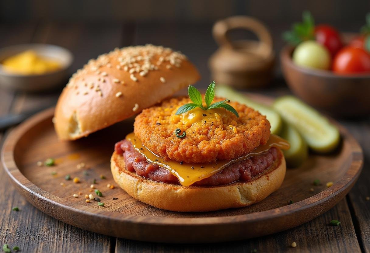 Fertiges würziges Leberkäsbrötchen mit Senfexplosion und Beilage saurer Gurken.