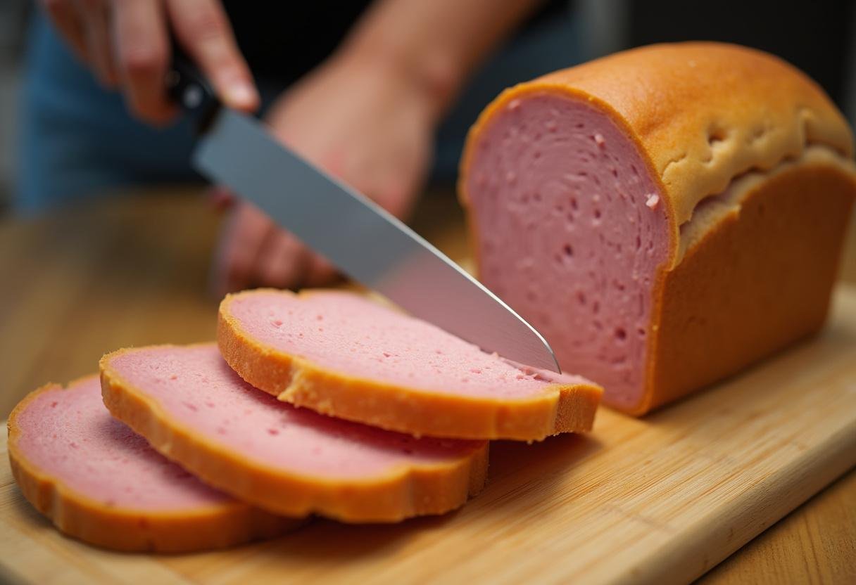 Frischer Leberkäse wird in dicke Scheiben geschnitten für würzige Leberkäsbrötchen.