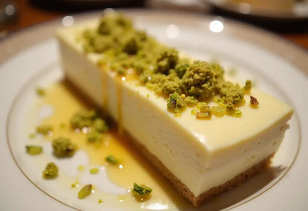 Delicate pistachio cheesecake slice with crushed nuts and honey, ready to enjoy.