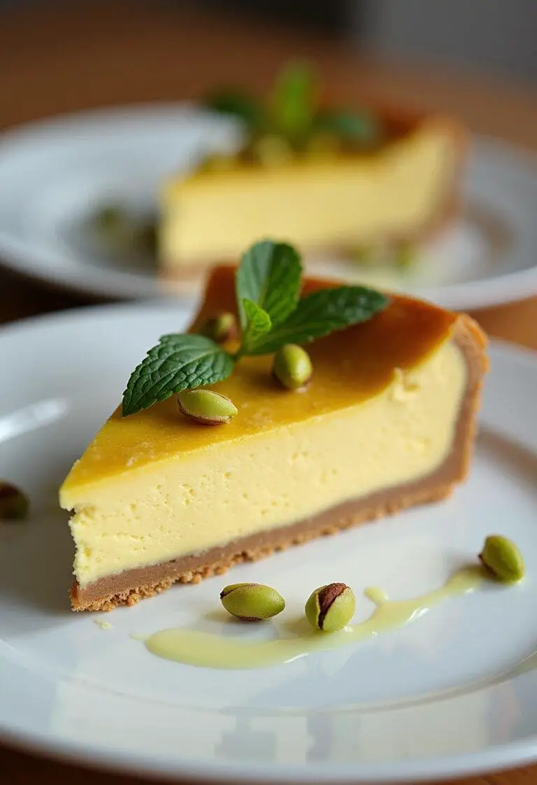 Finished Zarter Käsekuchen mit Pistazien slice beautifully garnished, perfect for serving.
