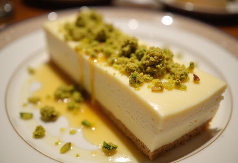 Delicate pistachio cheesecake slice with crushed nuts and honey, ready to enjoy.