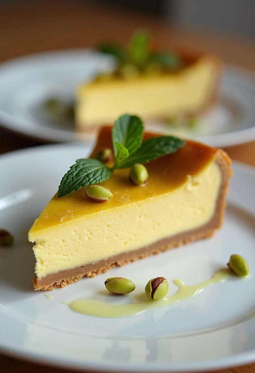 Finished Zarter Käsekuchen mit Pistazien slice beautifully garnished, perfect for serving.