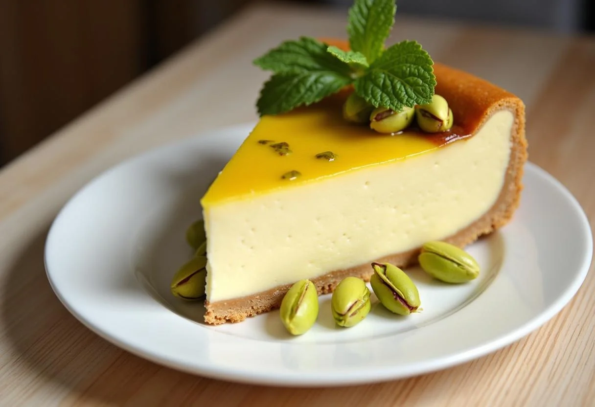 Finished Zarter Käsekuchen mit Pistazien slice beautifully garnished, perfect for serving.