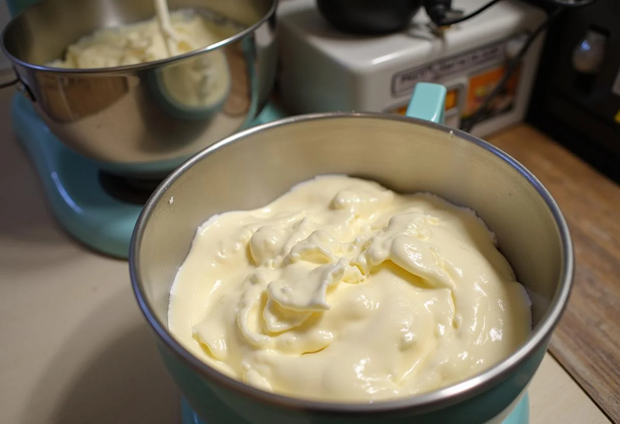 Mixing cream cheese and sugar for Zarter Käsekuchen mit Pistazien preparation.