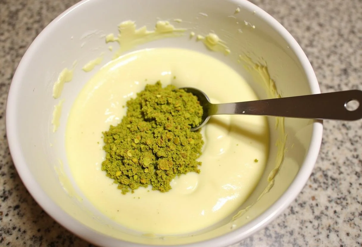 Crushed pistachios prepared for Zarter Käsekuchen mit Pistazien mixing.