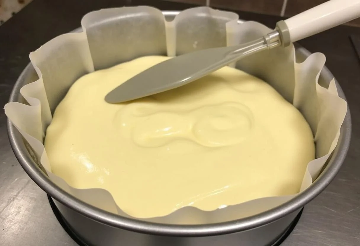 Filling a springform pan with cheesecake batter for Zarter Käsekuchen mit Pistazien.