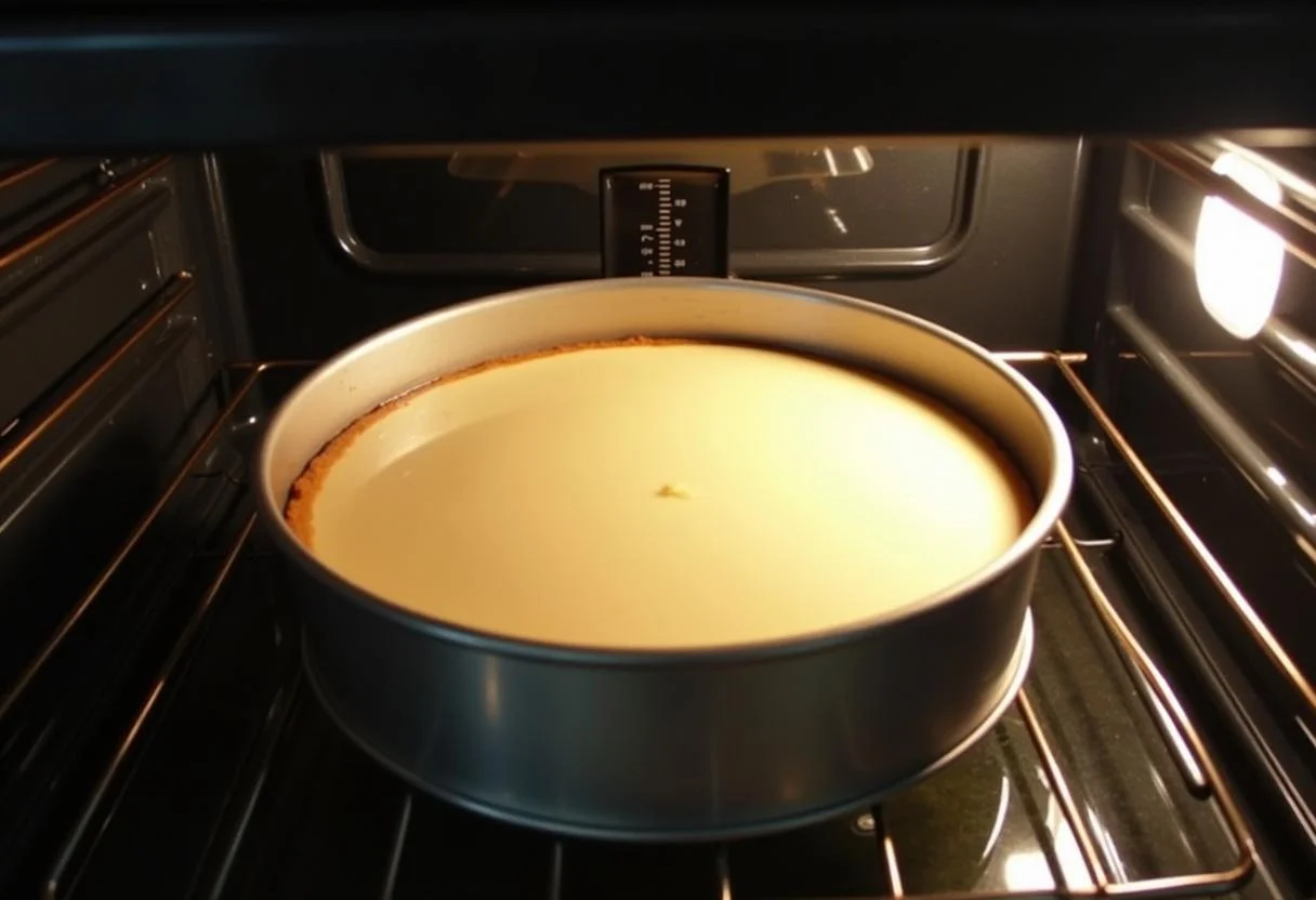 Placing cheesecake in a water bath for baking Zarter Käsekuchen mit Pistazien.
