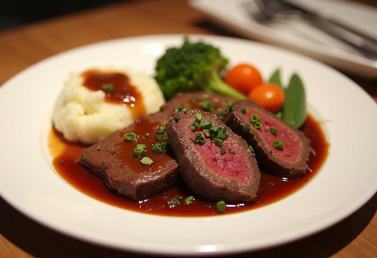 Finished Zartes Sauerbratenfilet mit Rotweinsoße, a classic German dish with tender beef and rich red wine sauce.