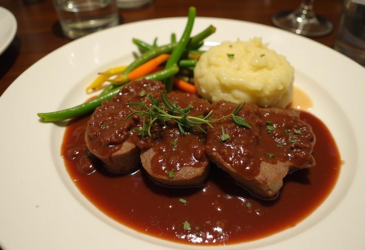 Fertiges Zartes Sauerbratenfilet mit Rotweinsoße, ein klassisches deutsches Gericht mit zartem Rindfleisch und reichhaltiger Rotweinsoße.