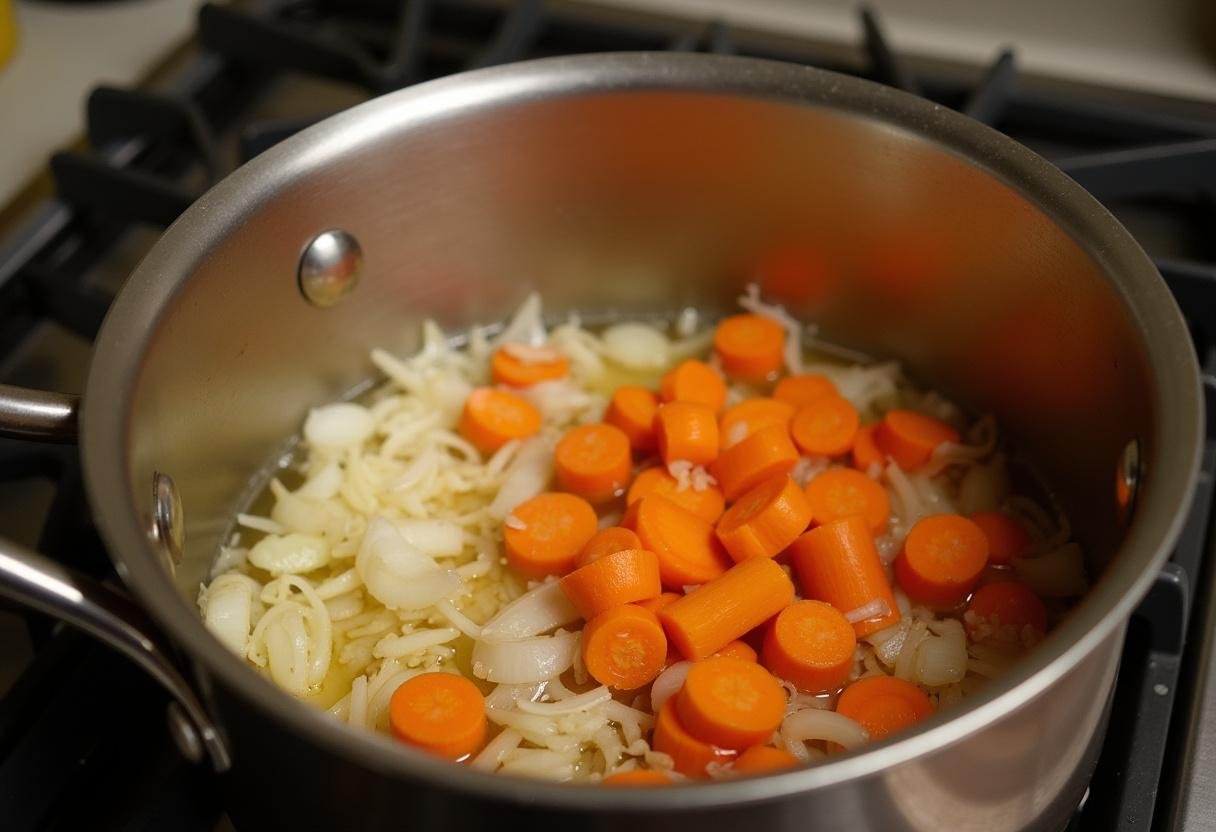 Zwiebeln und Möhren werden in Butter angeschwitzt als Basis für die Rotweinsoße.