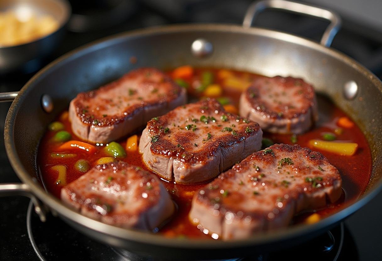 Sauerbratenfilet schmort langsam in der Rotweinsoße mit Gemüse.