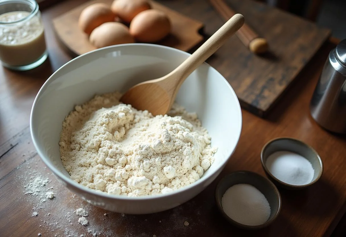 Mixing flour and yeast for Zesty Saure Zipfel preparation on a kitchen table.