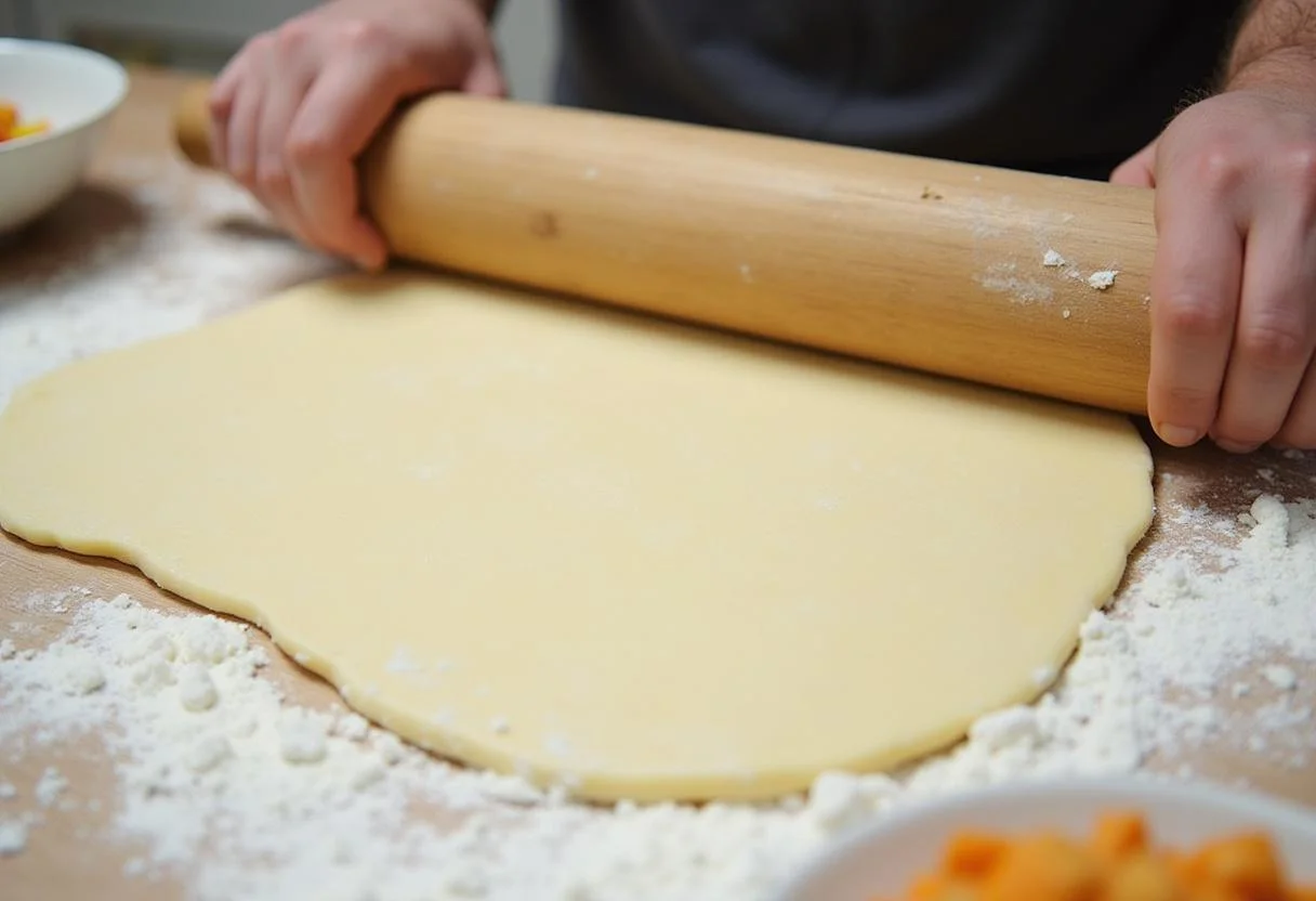 Rolling out dough for Zesty Saure Zipfel with filling ready on the side.