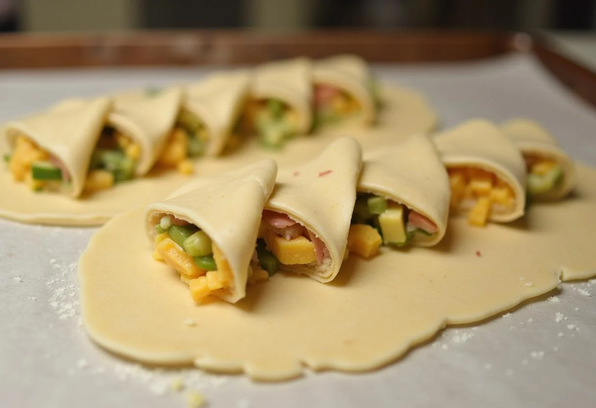Filling being added to rolled-out dough for Zesty Saure Zipfel.