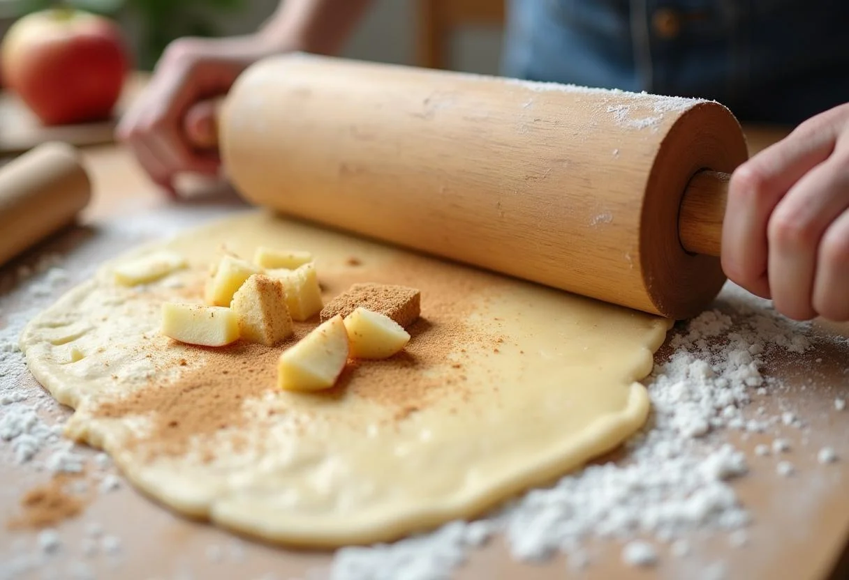Teig für Zimtschnecken Kuchen wird auf einer bemehlten Fläche ausgerollt, Äpfel und Zimt bereit zum Hinzufügen.