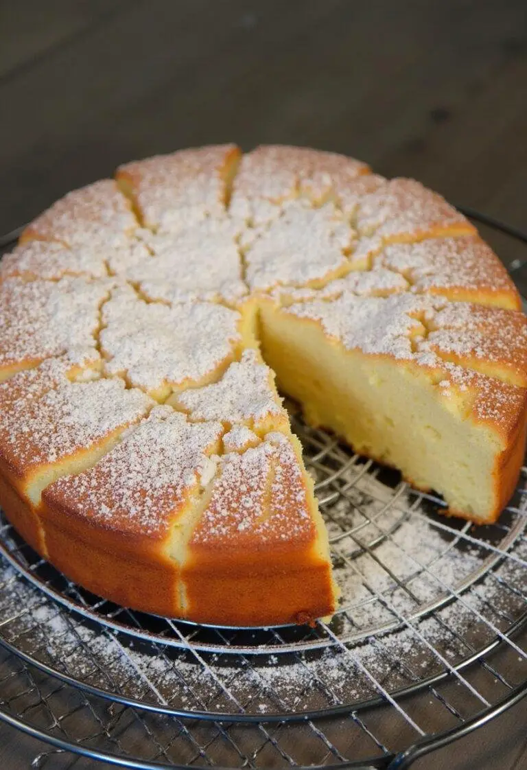 Fertiger Zimtschneckenkuchen mit Puderzucker und einem Stück zum Servieren.