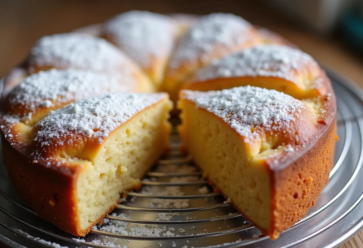 Fertiger Zimtschneckenkuchen mit Puderzucker und einem Stück zum Servieren.