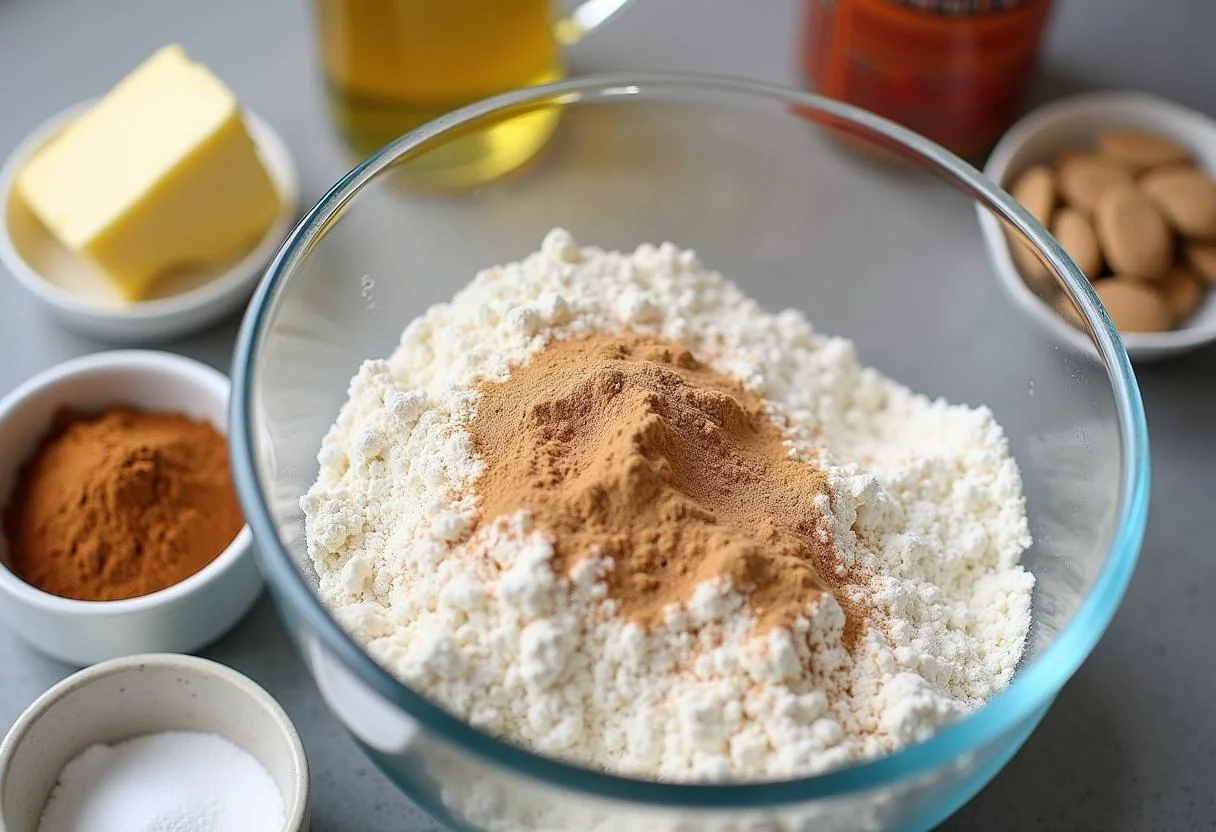 Zutaten für Zimtschneckenkuchen: Mehl, Zucker, Backpulver, Zimt und Butter auf der Arbeitsfläche.