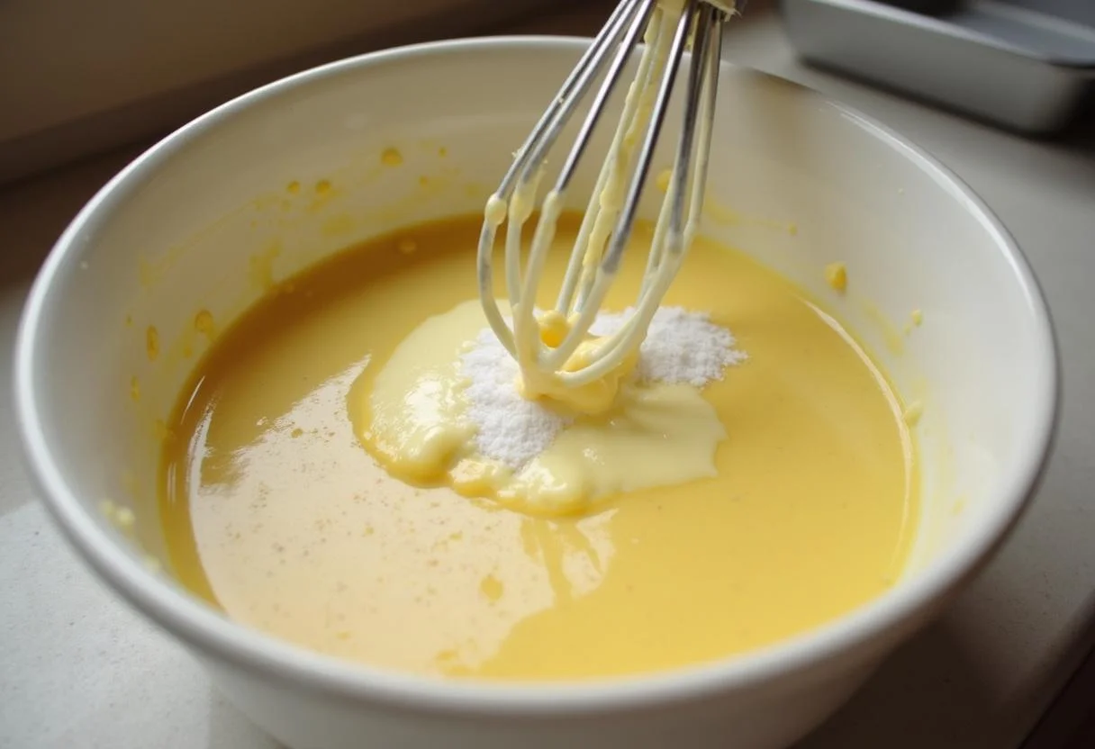 Butter und Zucker werden für schnellen Zimtschneckenkuchen in einer Schüssel verrührt.