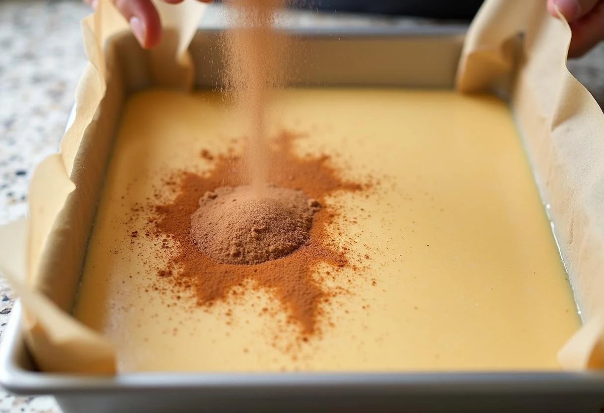 Zimtschneckenkuchen-Teig in einer Backform mit Zimt-Zucker-Mischung bestreut.