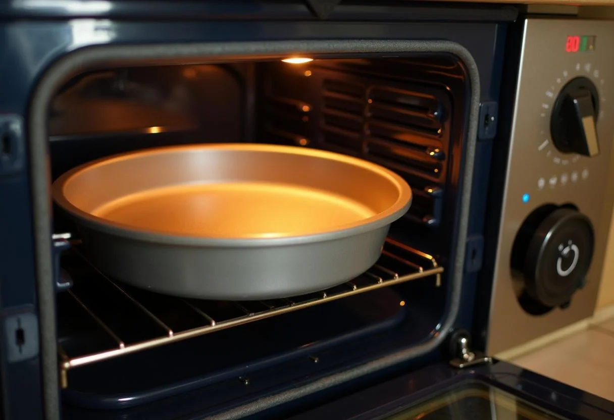 Die Backform mit Zimtschneckenkuchen-Teig wird in den vorgeheizten Ofen geschoben.