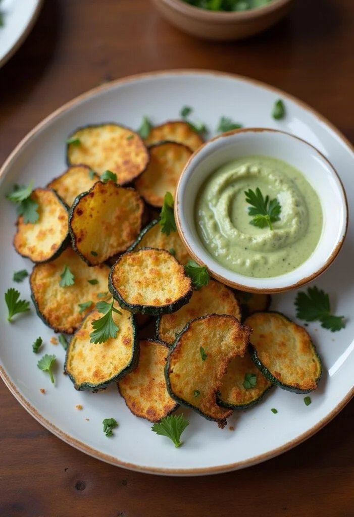 Finished Zucchini Chips mit Kräuterdip, perfekte Snack für jede Gelegenheit.
