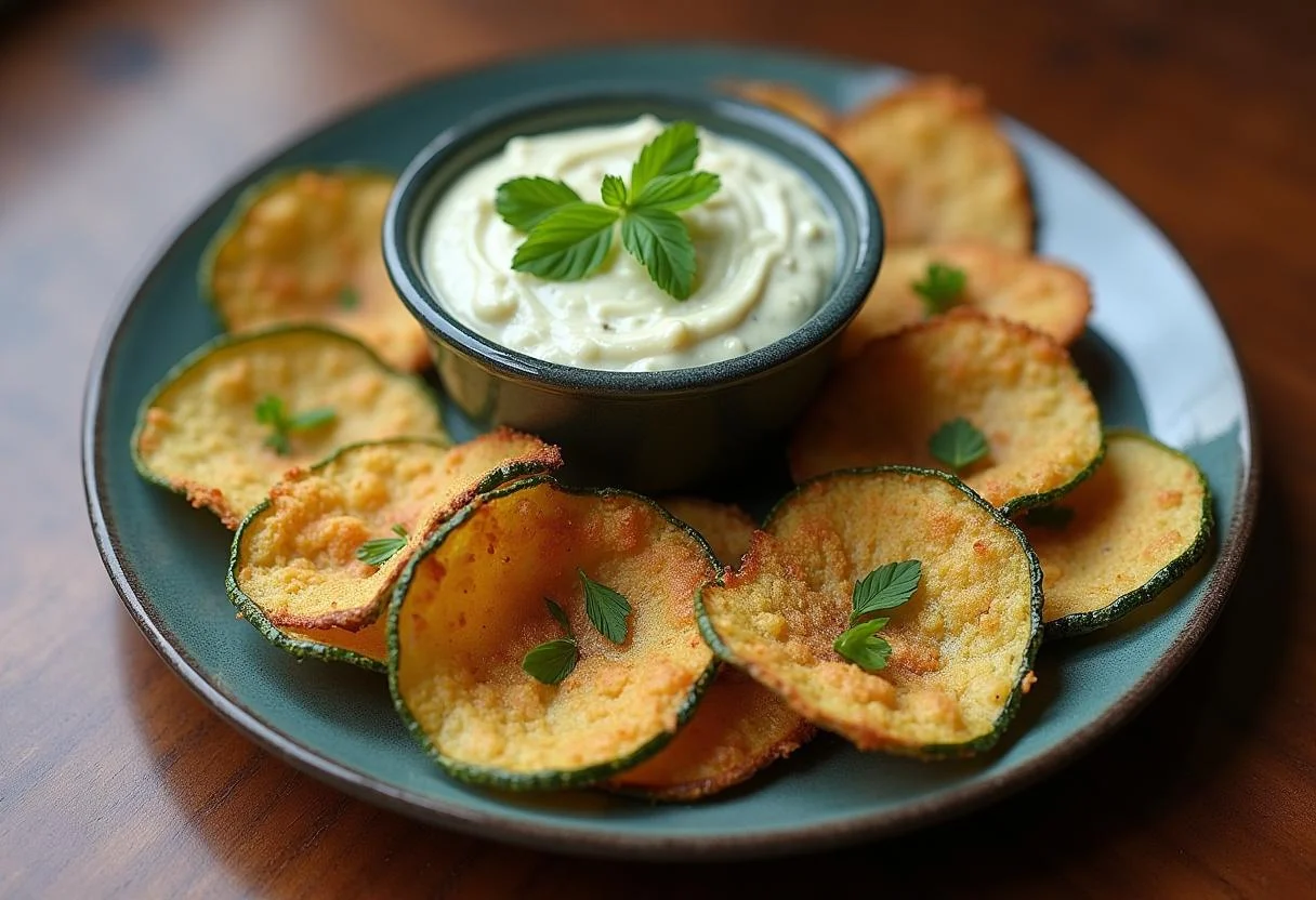 Finished Zucchini Chips mit Kräuterdip, perfekte Snack für jede Gelegenheit.