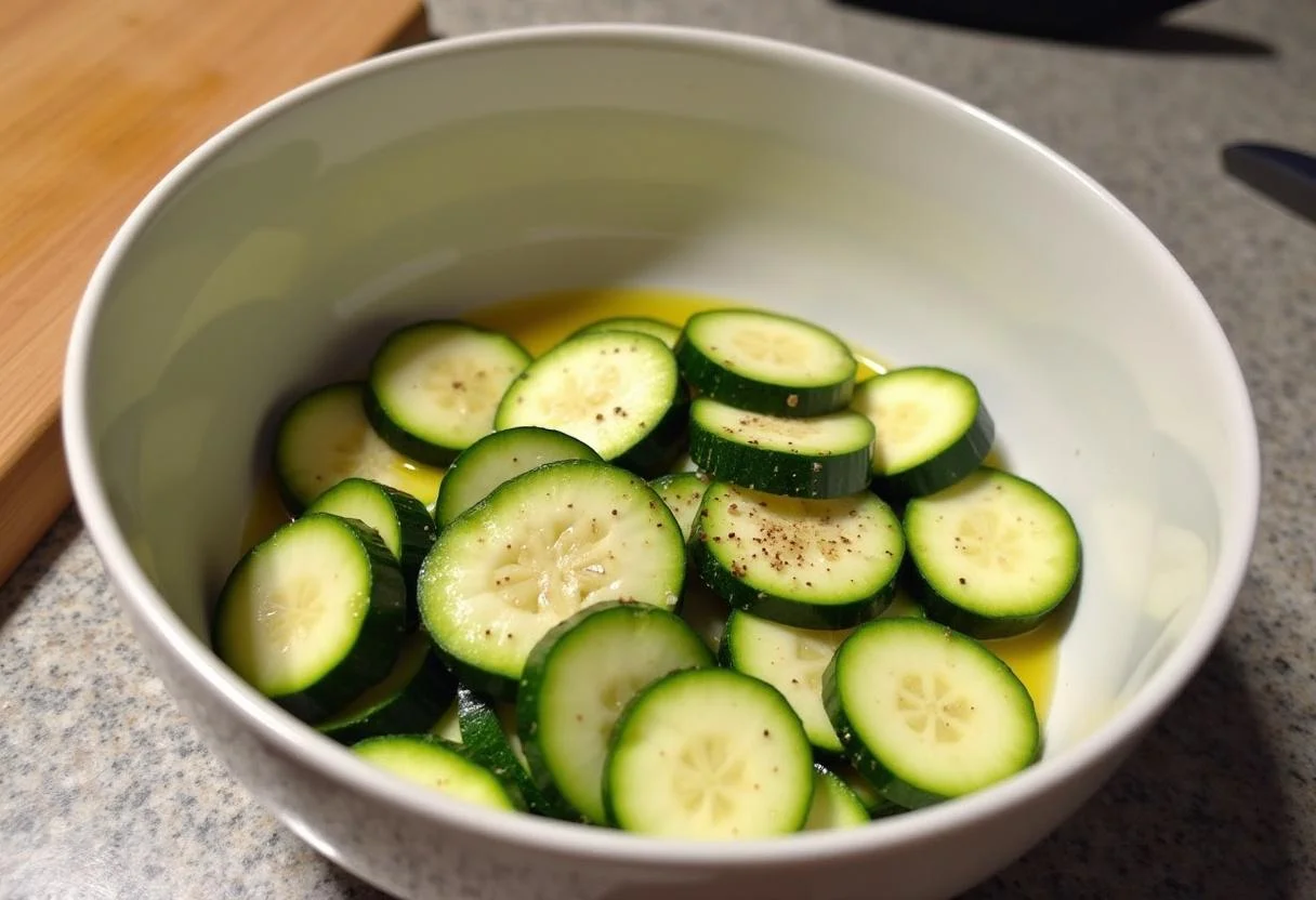 Zucchini slices prepared for making zucchini chips with olive oil and seasoning for Heißluftfritteuse Rezept.