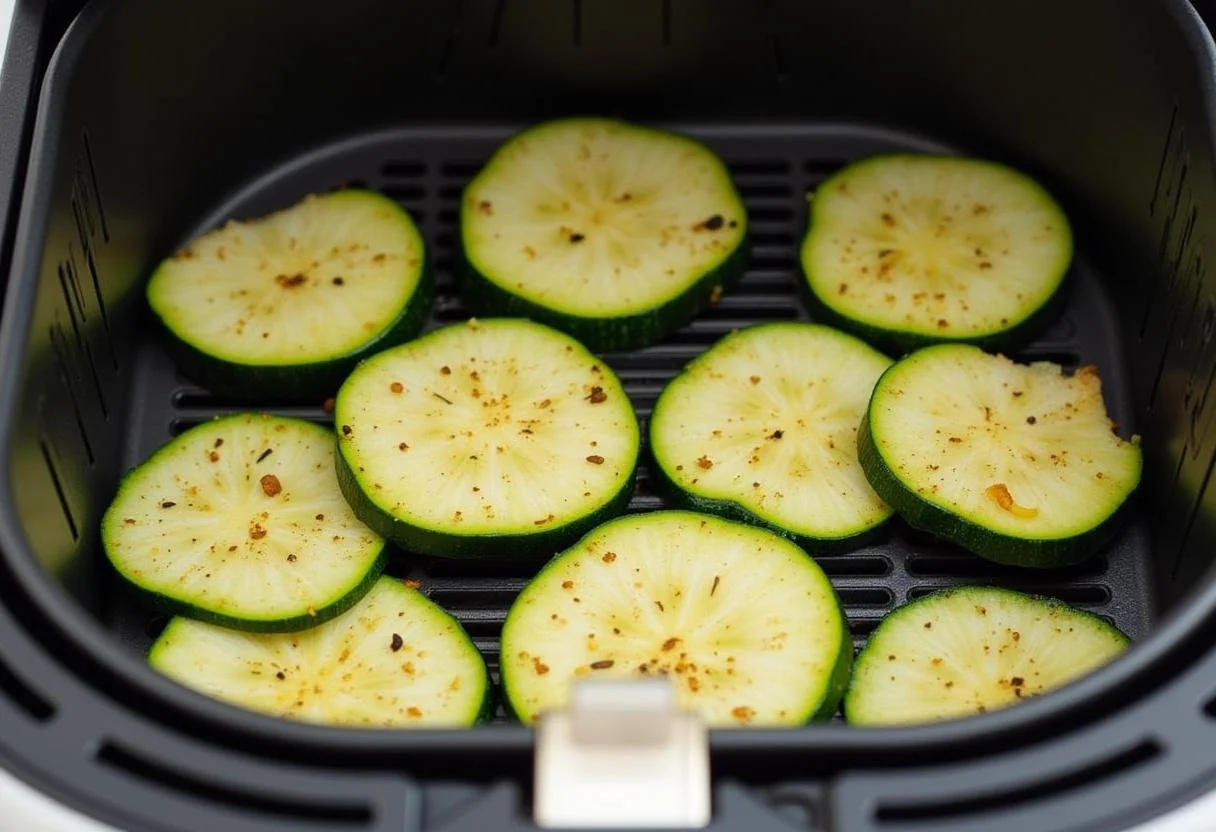 Zucchini slices placed in the air fryer basket to prepare crispy Zucchini Chips für die Heißluftfritteuse.