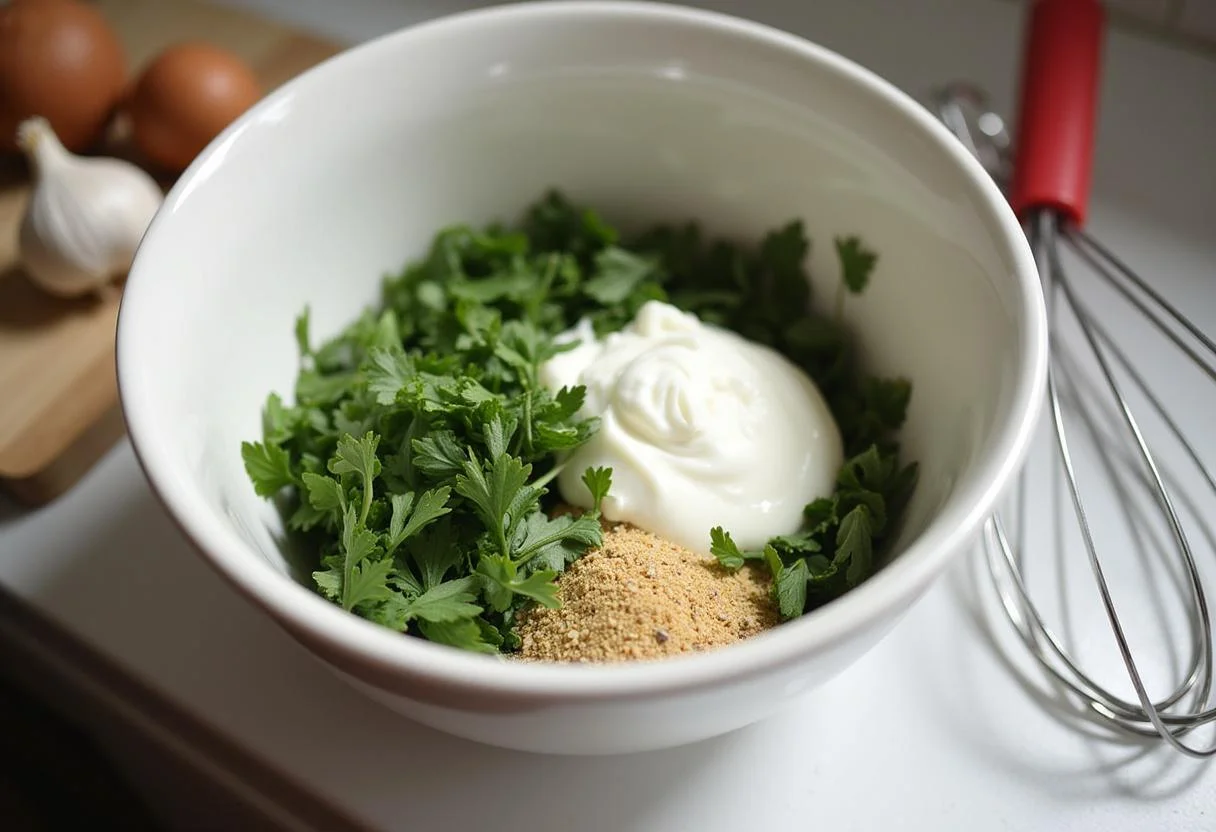 Ingredients for a herb dip including yogurt and fresh herbs for Zucchini Chips mit Kräuterdip.