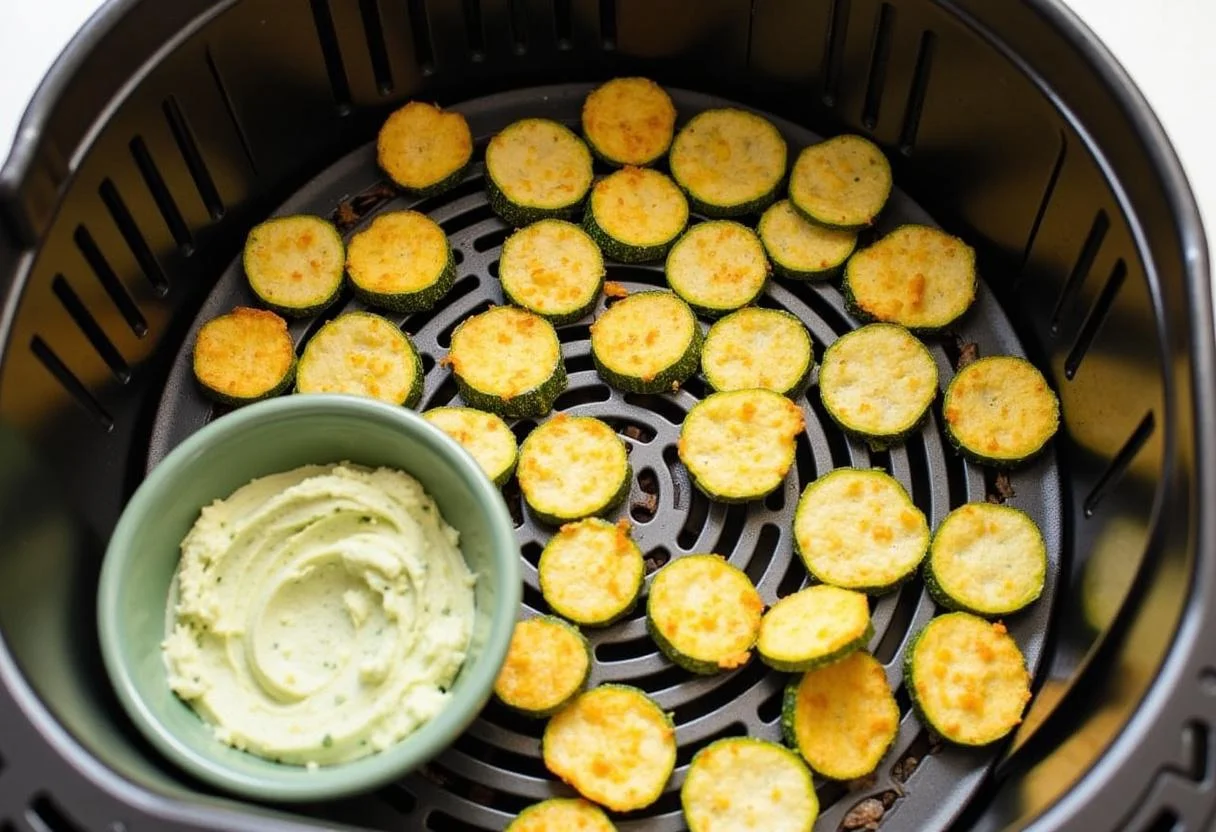Crispy zucchini chips cooked in an air fryer with a bowl of herb dip ready to enjoy.