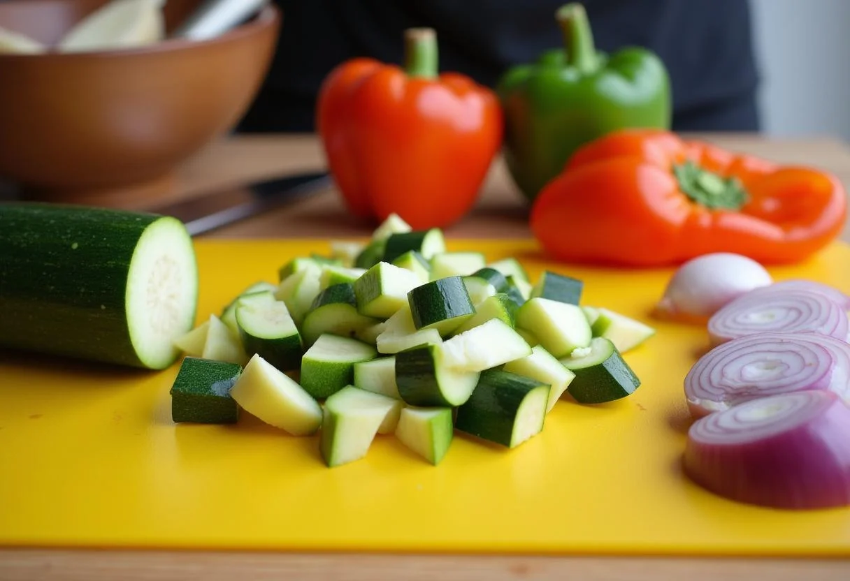 Zucchini, bell peppers, and onions diced in preparation for Zucchini Rice Pan with Feta.