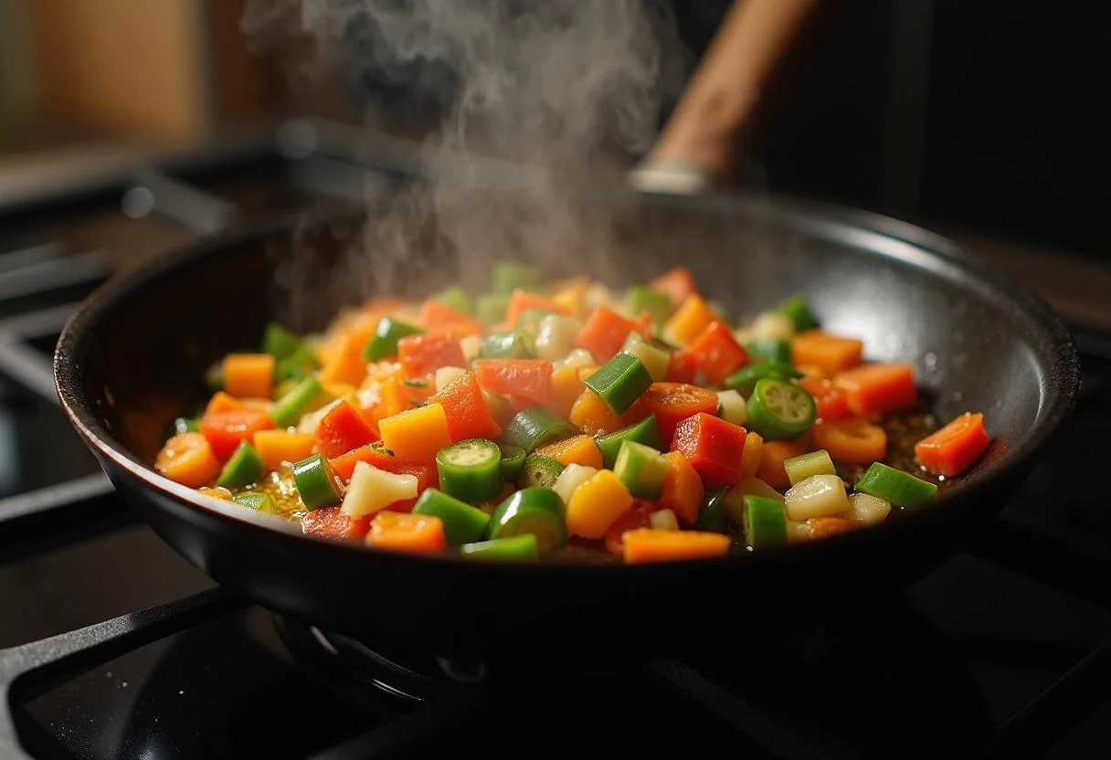 Diced zucchini, bell peppers, and onions sautéing in a skillet for Zucchini Rice Pan with Feta.