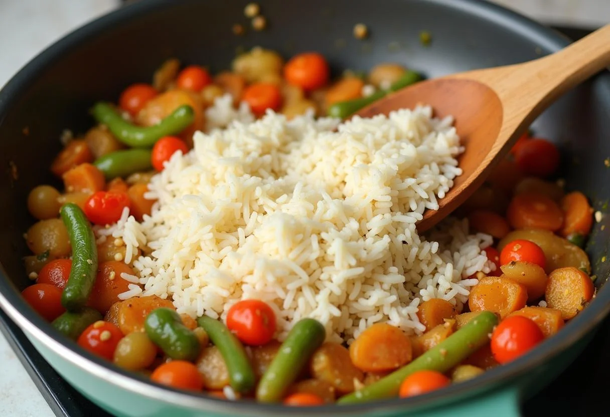 Cooked rice being mixed into sautéed vegetables for Zucchini Rice Pan with Feta.