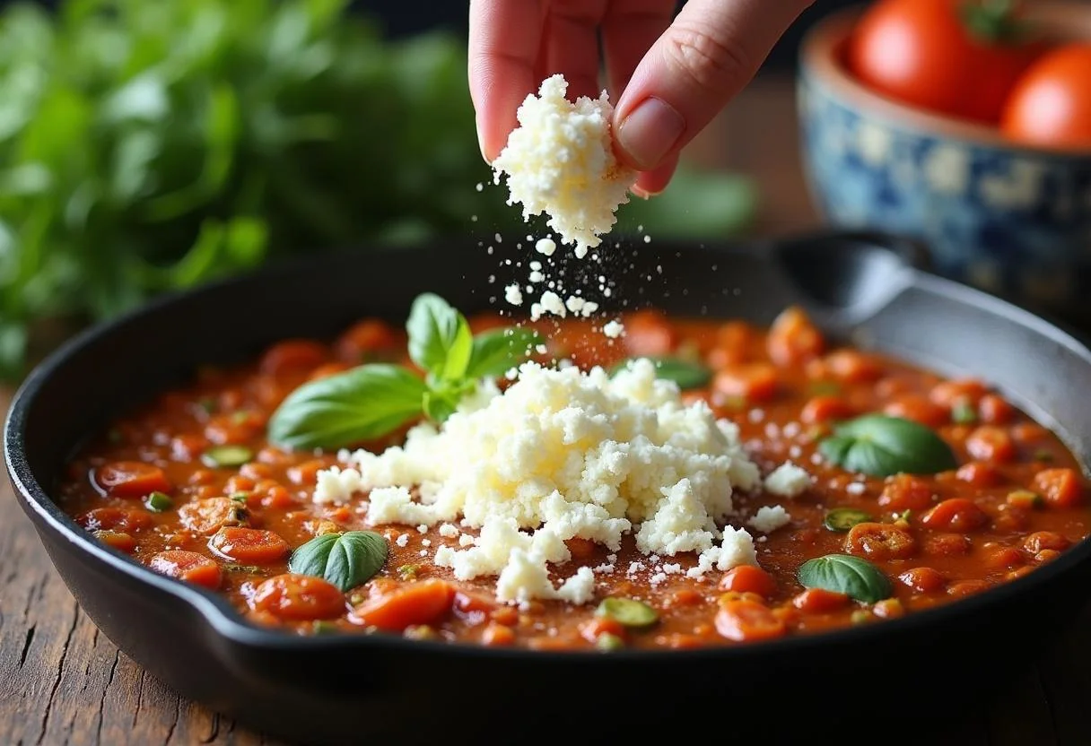 Feta cheese being added to Zucchini Rice Pan for a delicious finish.