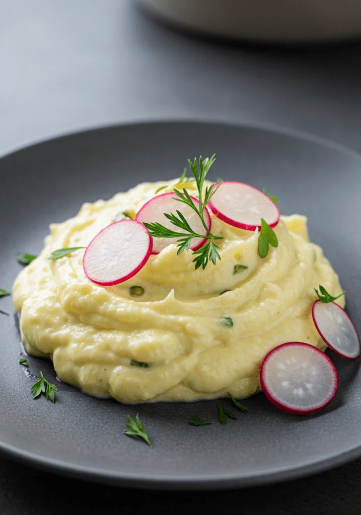 Fertiger Eiersalat auf einem eleganten Teller, perfekt zum Servieren.