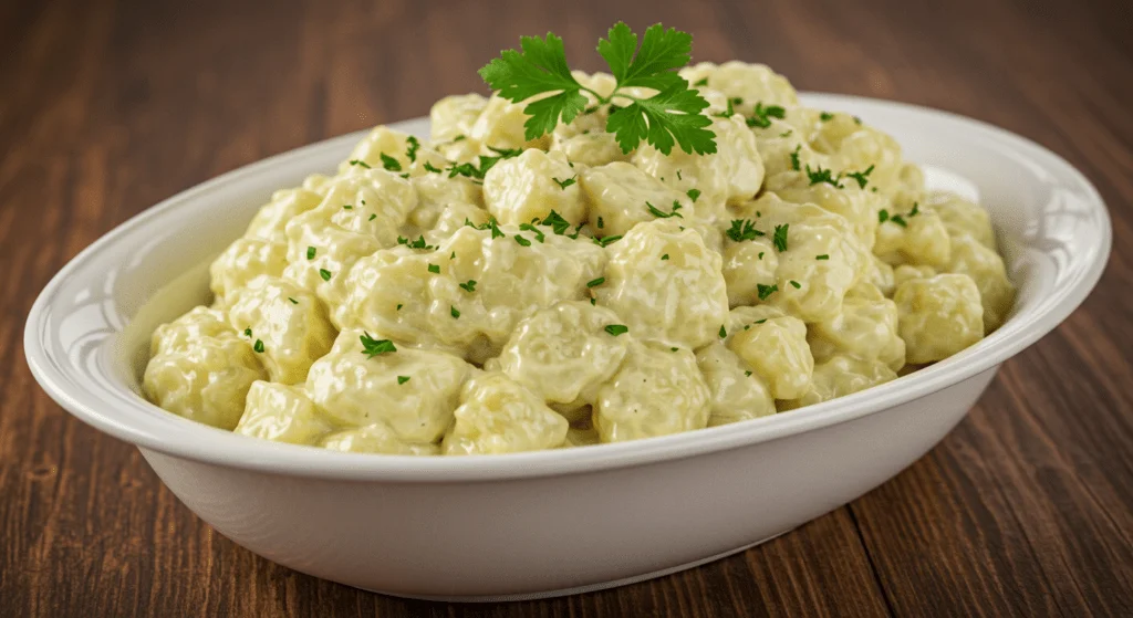 Fertiger deftiger Kartoffelsalat mit Speck und Zwiebeln, garniert mit frischer Petersilie.