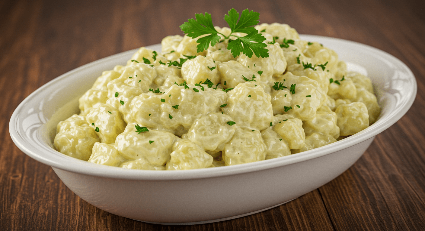 Fertiger deftiger Kartoffelsalat mit Speck und Zwiebeln, garniert mit frischer Petersilie.