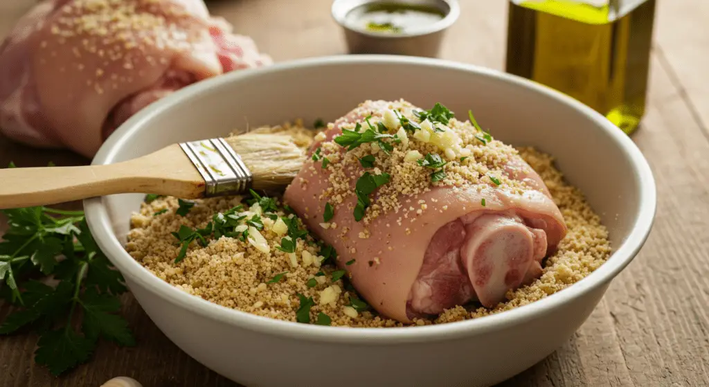 Semmelbrösel-Kräutermischung mit Knoblauch für die Kruste der Schweinshaxe.