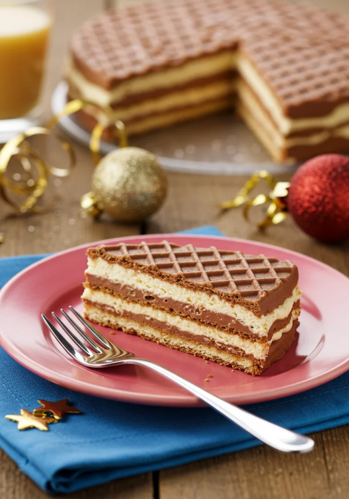 Slice of Kinder-Milch-Sandwich-Kuchen served on a plate, highlighting its delicious layers and festive decoration.