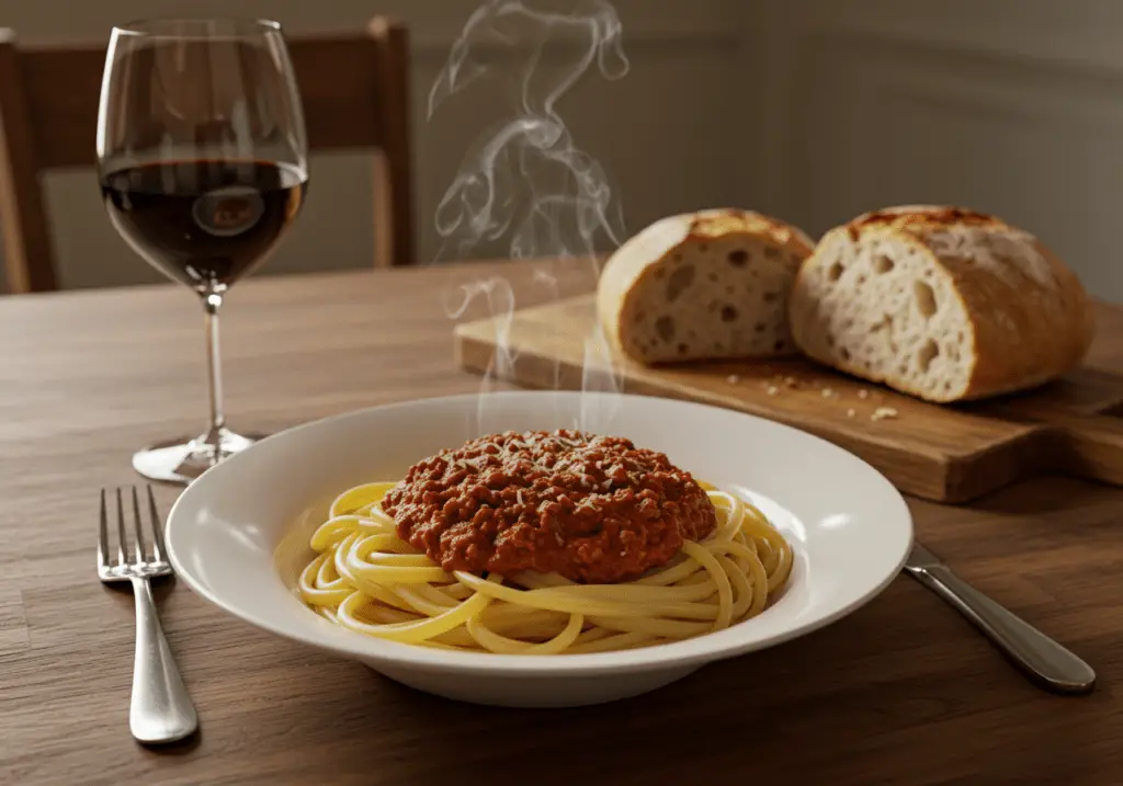 Finished Spaghetti Bolognese served with wine and bread, perfect for family dinners.