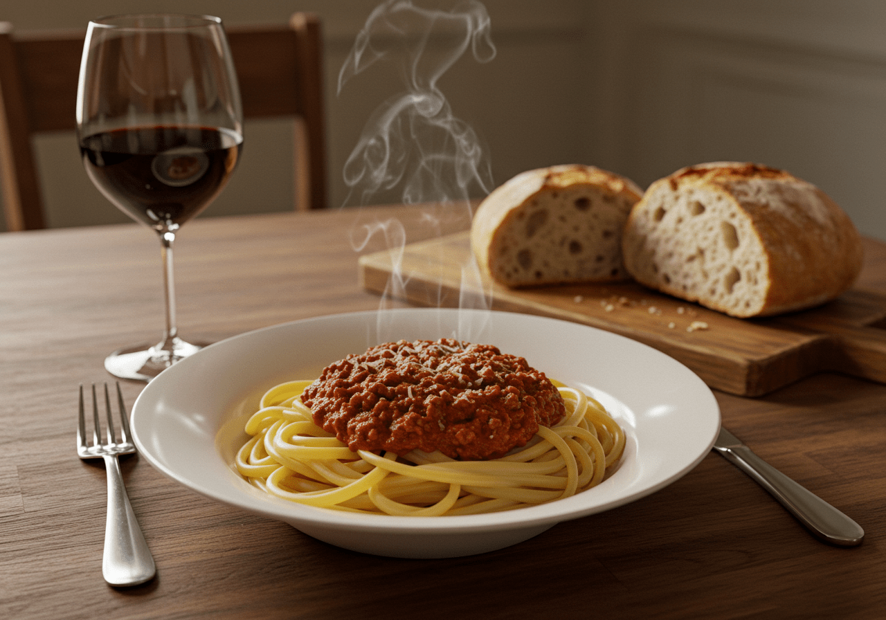 Finished Spaghetti Bolognese served with wine and bread, perfect for family dinners.