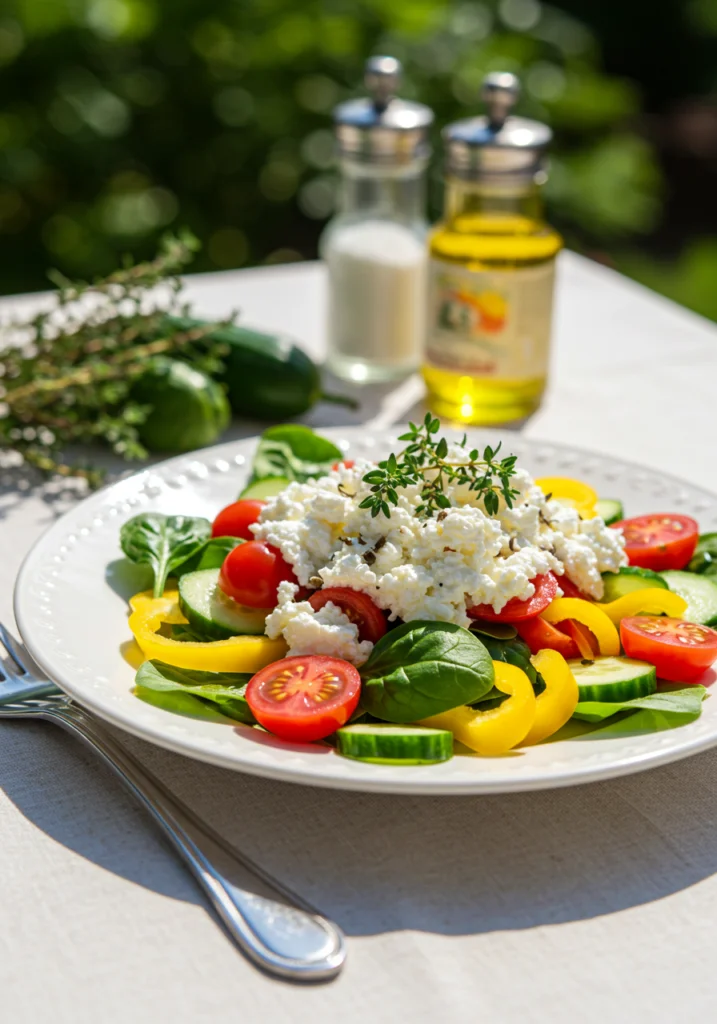 Fertiger sommerlicher Hüttenkäse Salat mit Gemüse, perfekt für warme Tage.